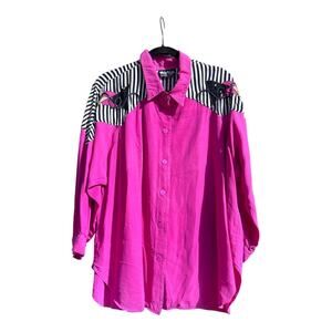 Vintage Pink Graphic Art to Wear 1980s 80s Noodles Dolman Sleeve Blouse